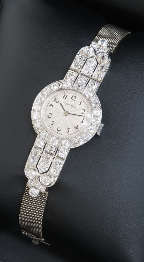 fig 8. INCREDIBLE LONGINES PLATINUM AND 5CTS OF DIAMONDS ART DECO LADIES COCKTAIL WATCH RETAILED BY HARRODS OF LONDON C1940