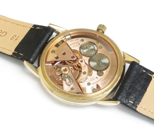 fig 8. STUNNING SOLID 9CT GOLD OMEGA CALIBRE 610 WITH HARLEQUIN DIAL c1964