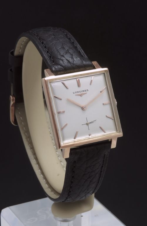 fig 1. WONDERFUL SOLID 18CT 18K ROSE GOLD LONGINES SQUARE OVERSIZE MENS VINTAGE WATCH C1959