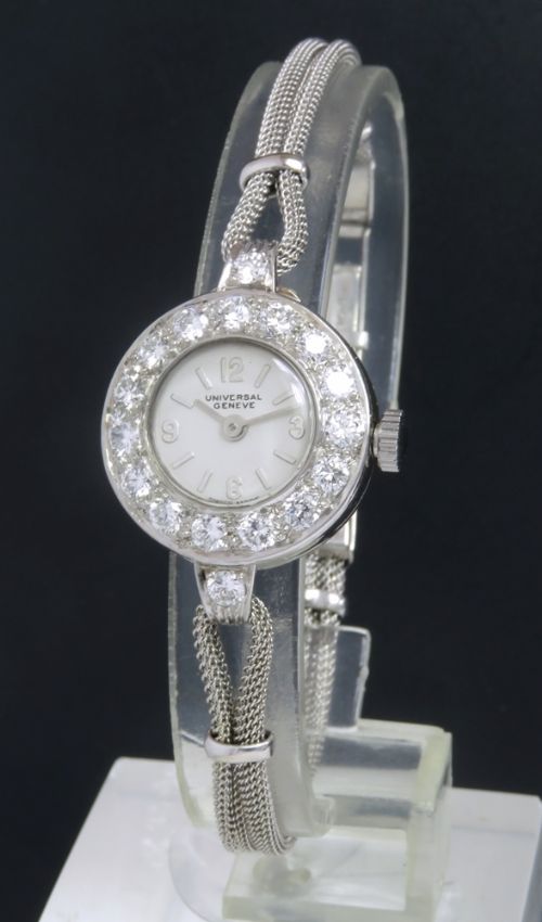 fig 1. BEAUTIFUL UNIVERSAL GENEVE PLATINUM AND DIAMOND LADIES COCKTAIL WATCH C1950