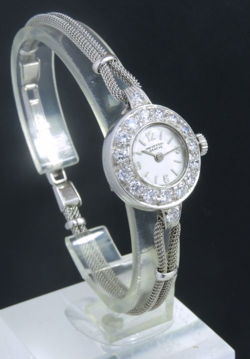 fig 3. BEAUTIFUL UNIVERSAL GENEVE PLATINUM AND DIAMOND LADIES COCKTAIL WATCH C1950