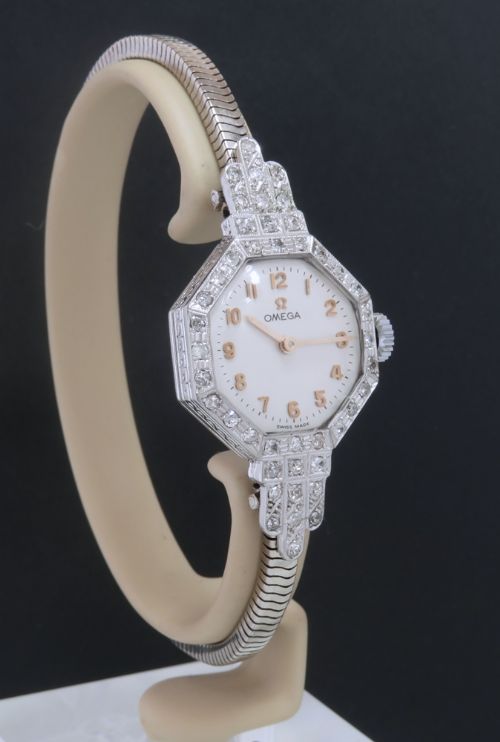 fig 3. BEAUTIFUL SOLID 18CT 18K WHITE GOLD AND DIAMOND OMEGA ART DECO LADIES COCKTAIL WATCH C1926