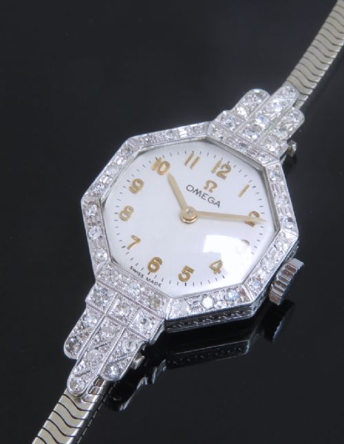 fig 4. BEAUTIFUL SOLID 18CT 18K WHITE GOLD AND DIAMOND OMEGA ART DECO LADIES COCKTAIL WATCH C1926