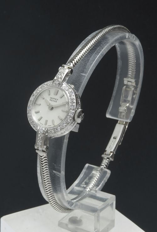 fig 1. LOVELY SOLID 18CT WHITE GOLD AND DIAMOND LADIES COCKTAIL WATCH BY VERTEX WITH BOX C1967