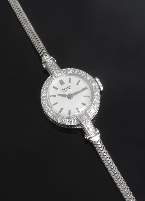 fig 5. LOVELY SOLID 18CT WHITE GOLD AND DIAMOND LADIES COCKTAIL WATCH BY VERTEX WITH BOX C1967