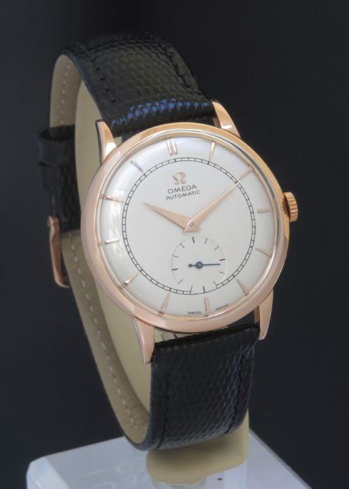 fig 1. STUNNING SOLID 18CT 18K ROSE GOLD OMEGA AUTOMATIC BUMPER MENS VINTAGE WATCH C1949