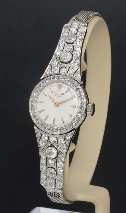 Exquisite Longines Platinum Rose Gold and Diamonds Ladies Art Deco Cocktail Watch C1920