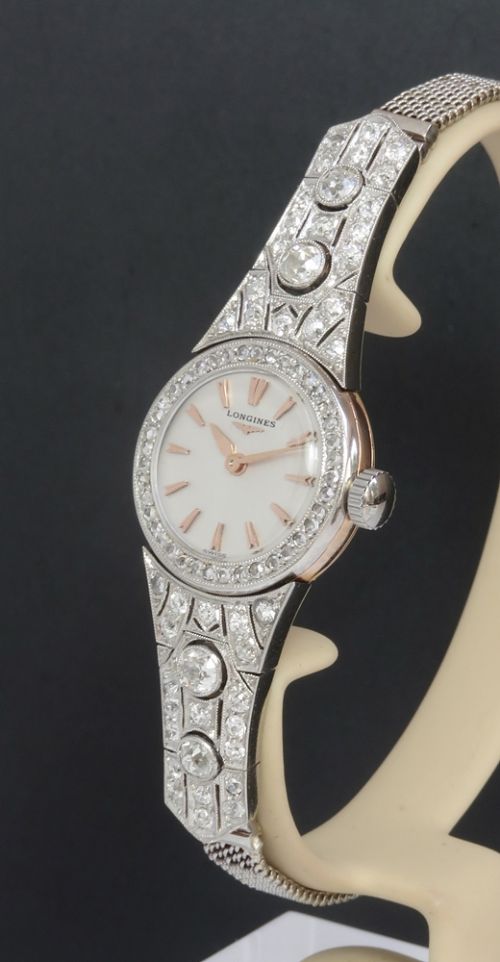 fig 1. EXQUISITE LONGINES PLATINUM ROSE GOLD AND DIAMONDS LADIES ART DECO COCKTAIL WATCH C1920