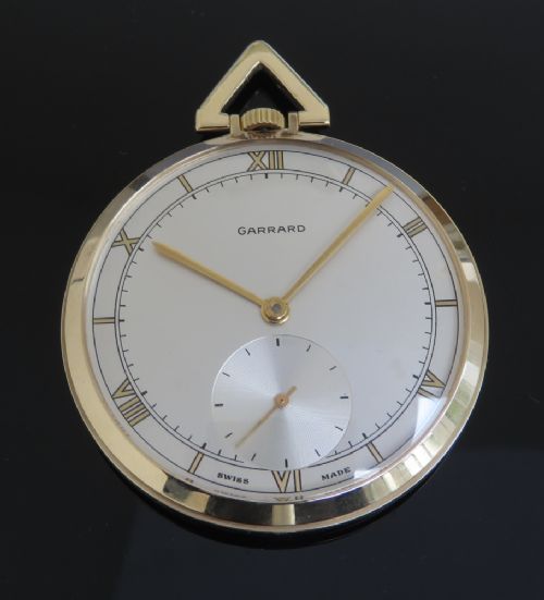fig 1. MINT CONDITION SOLID 9CT ART DECO POCKET WATCH BY GARRARD THE CROWN JEWELLERS WITH ORIGINAL FITTED BOX C1964
