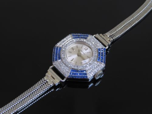 Rare and Beautiful Solid 18ct White Gold Sapphire and Diamond Longines Art Deco Ladies Cocktail Watch C1930