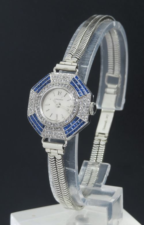 fig 1. RARE AND BEAUTIFUL SOLID 18CT WHITE GOLD SAPPHIRE AND DIAMOND LONGINES ART DECO LADIES COCKTAIL WATCH C1930
