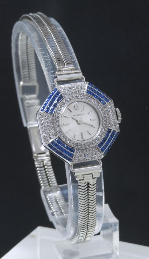 fig 2. RARE AND BEAUTIFUL SOLID 18CT WHITE GOLD SAPPHIRE AND DIAMOND LONGINES ART DECO LADIES COCKTAIL WATCH C1930