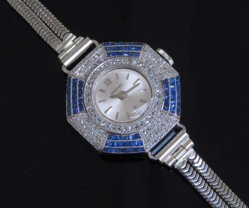 fig 4. RARE AND BEAUTIFUL SOLID 18CT WHITE GOLD SAPPHIRE AND DIAMOND LONGINES ART DECO LADIES COCKTAIL WATCH C1930