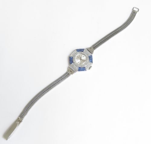 fig 5. RARE AND BEAUTIFUL SOLID 18CT WHITE GOLD SAPPHIRE AND DIAMOND LONGINES ART DECO LADIES COCKTAIL WATCH C1930