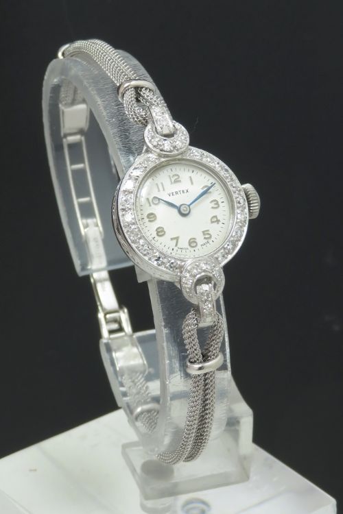 fig 1. PRETTY PLATINUM AND DIAMOND LADIES COCKTAIL WATCH BY VERTEX C1930