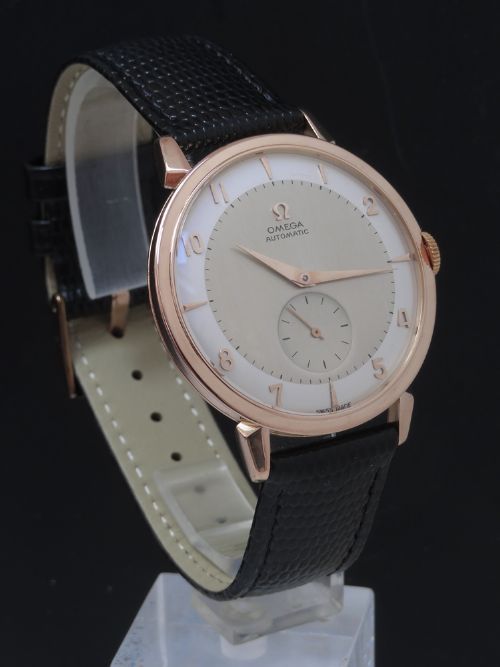 fig 1. VERY RARE SOLID 18CT 18K ROSE GOLD OMEGA JUMBO BUMPER AUTOMATIC MENS VINTAGE WATCH C1953
