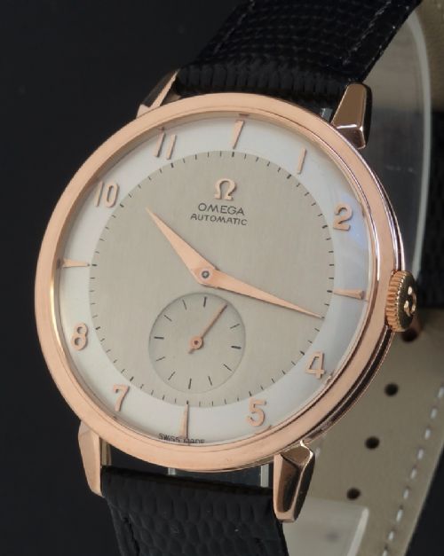 fig 2. VERY RARE SOLID 18CT 18K ROSE GOLD OMEGA JUMBO BUMPER AUTOMATIC MENS VINTAGE WATCH C1953