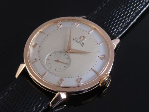 fig 4. VERY RARE SOLID 18CT 18K ROSE GOLD OMEGA JUMBO BUMPER AUTOMATIC MENS VINTAGE WATCH C1953