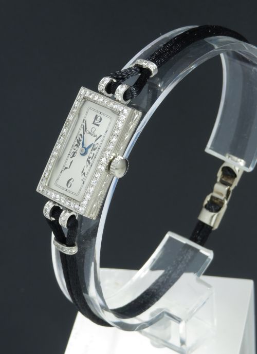 fig 1. WONDERFUL OMEGA PLATINUM AND DIAMOND ART DECO LADIES COCKTAIL WATCH WITH BOX C1935