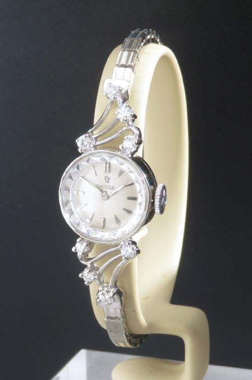 omega sapphette 14ct 14k white gold and diamond ladies cocktail watch c1952 - CATEGORY: ANTIQUE WATCHES - DATED 1950