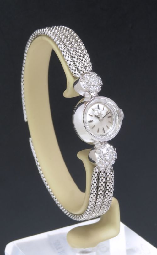 fig 2. Mint With Original Box Omega Solid 18ct 18k White Gold and Diamond Sapphette Ladies Cocktail Watch c1962