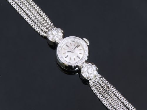 fig 3. Mint With Original Box Omega Solid 18ct 18k White Gold and Diamond Sapphette Ladies Cocktail Watch c1962