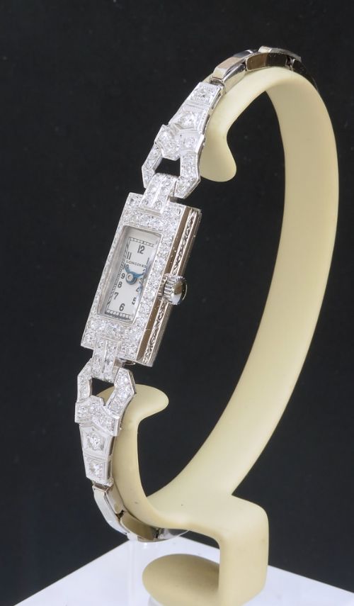 fig 1. Stunning Longines Platinum and 2cts Diamonds Ladies Art Deco Cocktail Watch c1930