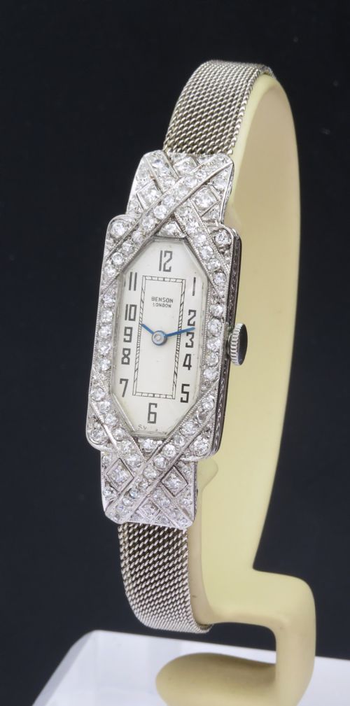 Beautiful Benson Platinum and Diamond Ladies Art Deco Cocktail Watch C1930
