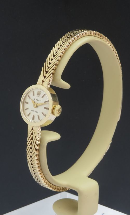 fig 1. Mint Original Solid 9ct Gold Rolex Precision Ladies Cocktail Watch With Boxes and Paperwork c1969