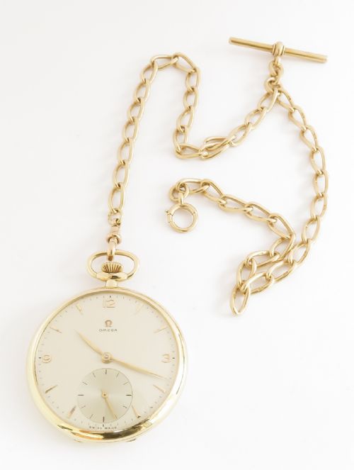Near Mint 18ct Gold Omega Pocket Watch and 18ct Double Albert Chain C1951