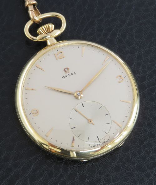 fig 1. Near Mint 18ct Gold Omega Pocket Watch and 18ct Double Albert Chain c1951