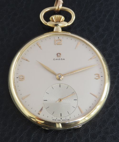 fig 2. Near Mint 18ct Gold Omega Pocket Watch and 18ct Double Albert Chain c1951