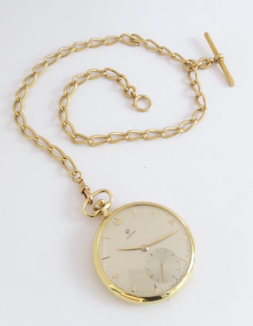 fig 3. Near Mint 18ct Gold Omega Pocket Watch and 18ct Double Albert Chain c1951