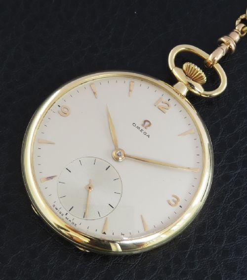 fig 4. Near Mint 18ct Gold Omega Pocket Watch and 18ct Double Albert Chain c1951