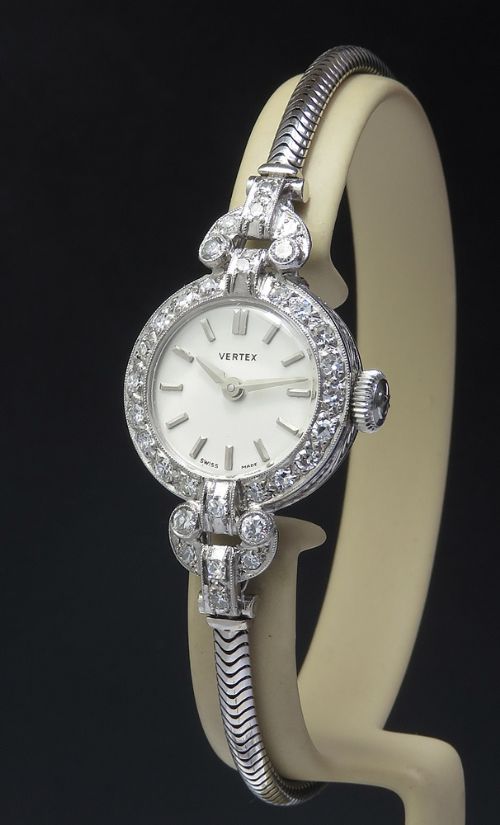 fig 1. Platinum and Diamond Ladies Cocktail Watch by Vertex c1950