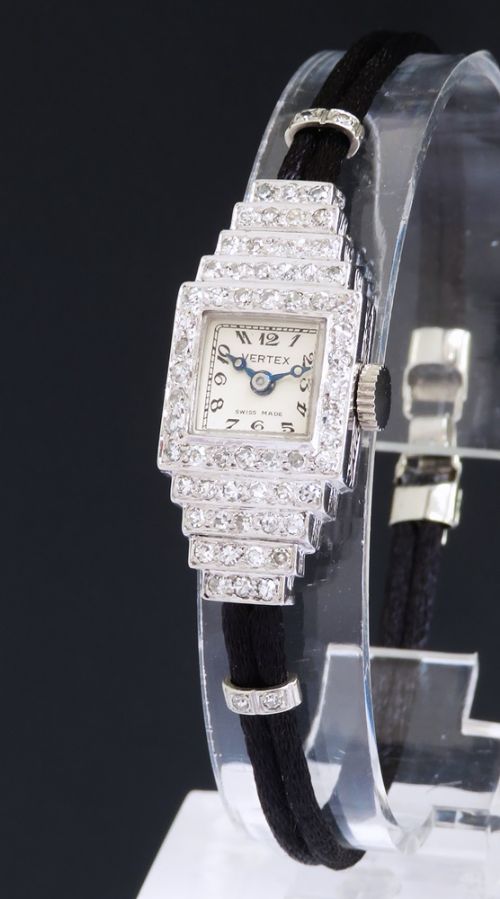 fig 1. Stunning Platinum and Diamond Ladies Art Deco Cocktail Watch by Vertex c1950