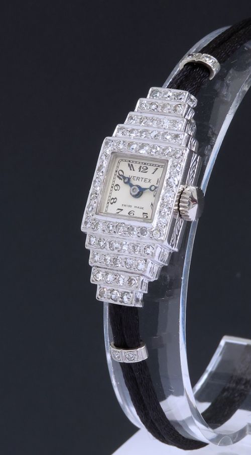 fig 2. Stunning Platinum and Diamond Ladies Art Deco Cocktail Watch by Vertex c1950