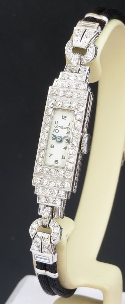 fig 1. Beautiful Longines Platinum and Diamond Art Deco Ladies Cocktail Watch c1950