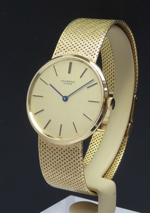 fig 1. Solid 18ct Gold Universal Geneve Slimline Dress Watch with Box and Papers c1965