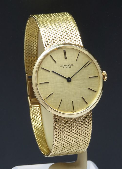 fig 2. Solid 18ct Gold Universal Geneve Slimline Dress Watch with Box and Papers c1965