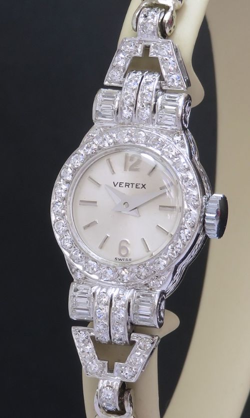 fig 1. Platinum and Diamond Art Deco Cocktail Watch by Vertex c1954