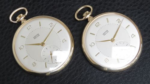 fig 1. Rare Pair of Vertex Solid 9ct Gold Pocket Watches c1964