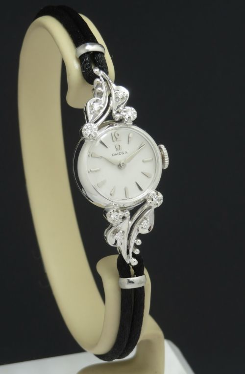 fig 1. Beautiful Solid 14ct White Gold and Diamond Omega Ladies Cocktail Watch c1963