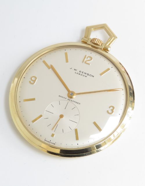 Mint Original Solid 18ct Gold Art Deco Slimline Pocket Watch by Bensons of London C1959