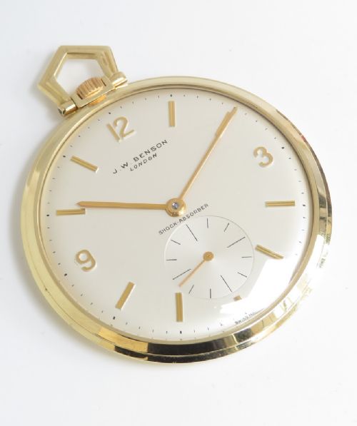 fig 1. Mint Original Solid 18ct Gold Art Deco Slimline Pocket Watch by Bensons of London c1959