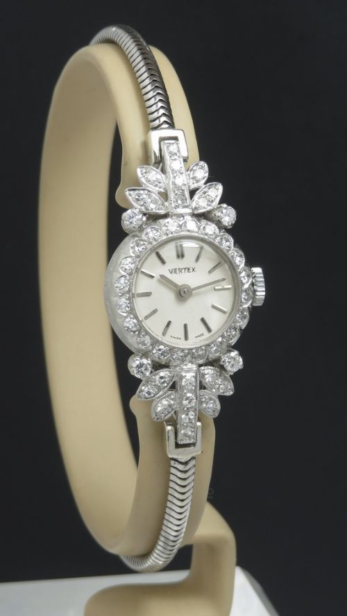 fig 1. Beautiful Platinum and Diamond Ladies Art Deco Cocktail Watch by Vertex c1950