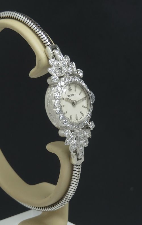 fig 2. Beautiful Platinum and Diamond Ladies Art Deco Cocktail Watch by Vertex c1950