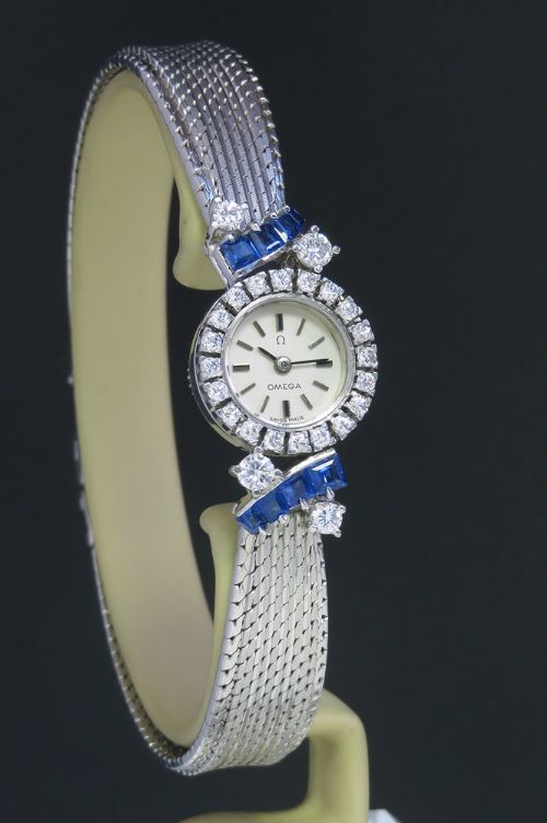 fig 1. Spectacular Solid 18ct White Gold Diamond and Sapphire Omega Cocktail Watch c1965