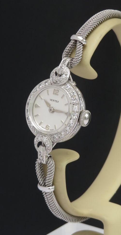 fig 3. Near Mint Condition Vertex Platinum and Diamond Ladies Cocktail Watch c1958