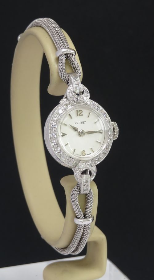 fig 4. Near Mint Condition Vertex Platinum and Diamond Ladies Cocktail Watch c1958